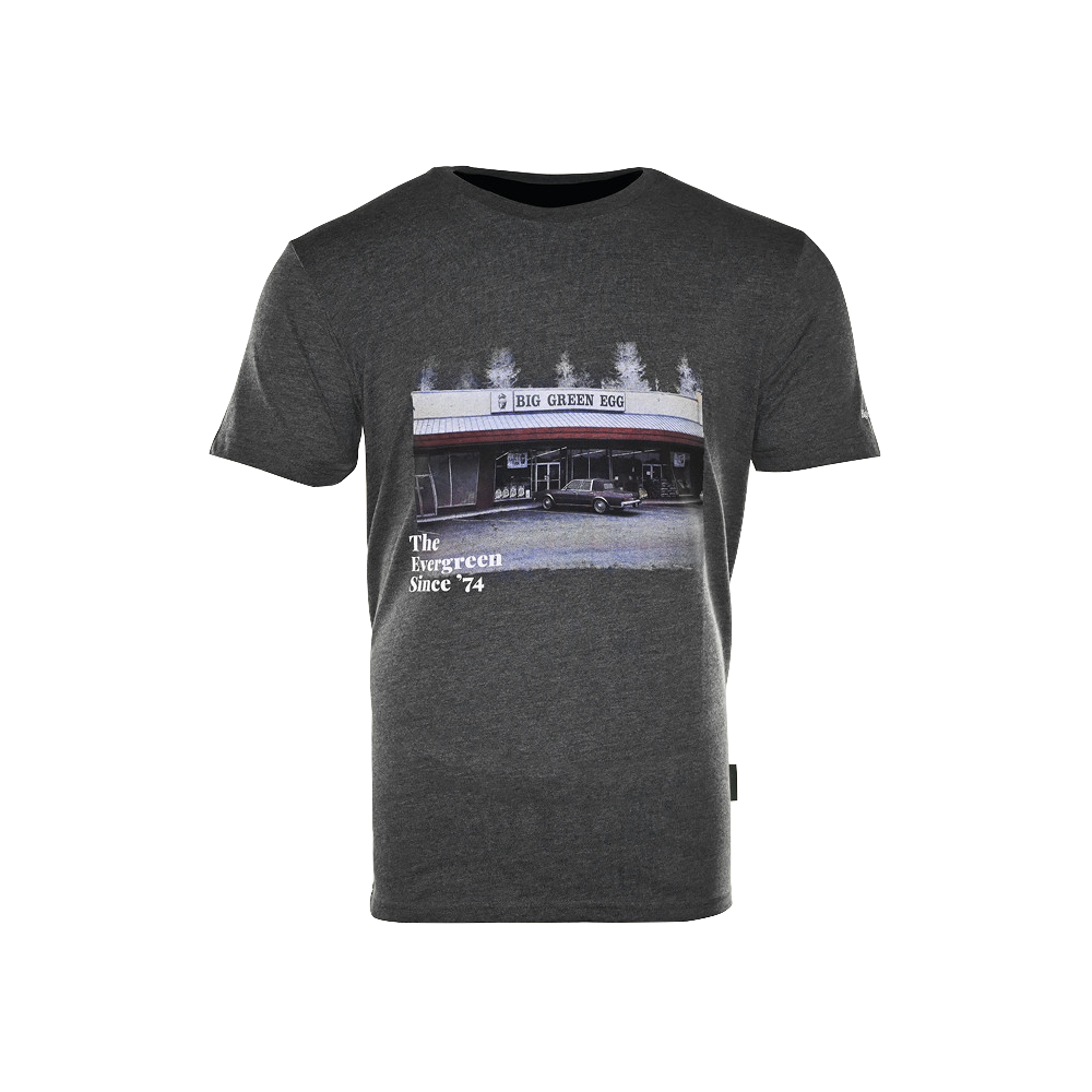 T-Shirt-Big-Green-Egg-Dondergrijs-Since74-Evergreen